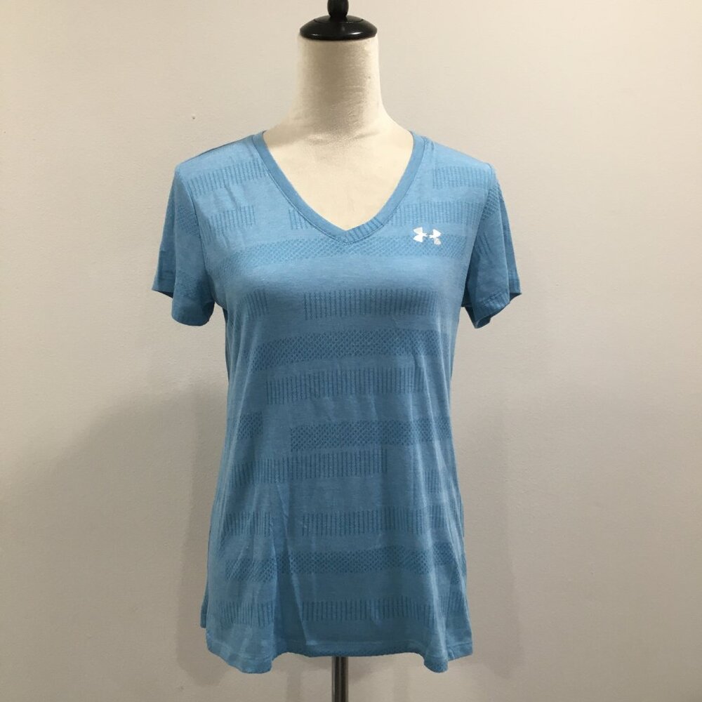 UNDER ARMOUR Short Sleeve Blue V Neck HeatGear Moisture Wick Stretch Shirt Top - Picture 4 of 8